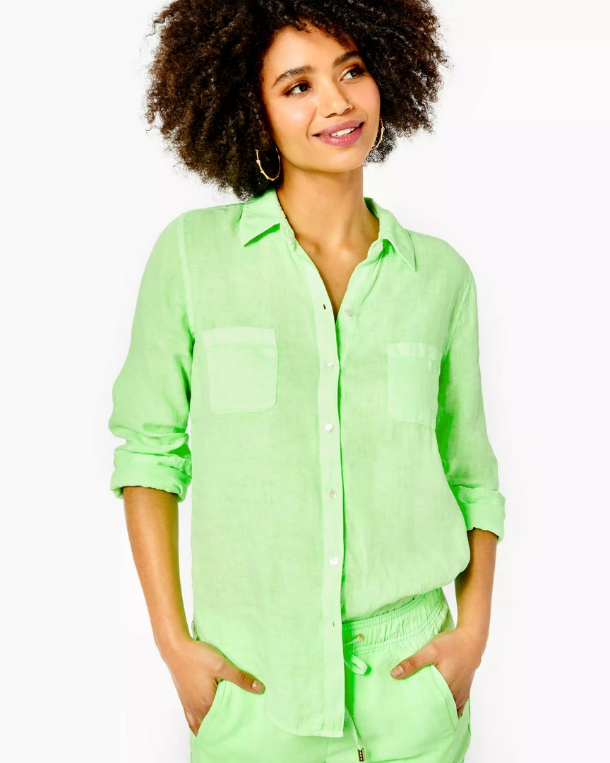 Lilly Pulitzer Tops Sea View Linen Button Down Top (Lime Zest) 3 Lilly Pulitzer Tops Sea View Linen Button Down Top (Lime Zest)