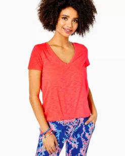 Lilly Pulitzer Tops Etta V-Neck Top (Spicy Coral)