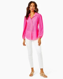 Lilly Pulitzer Sea Breeze Eyelet Button Up (Pink Isle Ditsy Diamond)