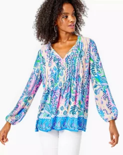 Lilly Pulitzer Marilina Lileeze Long Sleeve Tunic Top (Macadamia Haute Cature) Tops