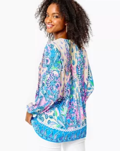 Lilly Pulitzer Marilina Lileeze Long Sleeve Tunic Top (Macadamia Haute Cature) Tops
