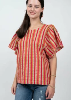 Ivy Jane Tops Stripe And Flutter Top (Red)