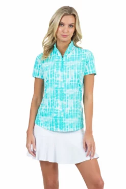 IBKUL Rue Print S/S Zip Mock Neck (Seafoam)