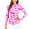 IBKUL Devin Print Long Sleeve Polo (Hot Pink) Tops