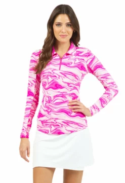 IBKUL Devin Print Long Sleeve Polo (Hot Pink) Tops