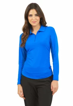 IBKUL Adjustable Long Sleeve Zip Polo (Blue) Tops