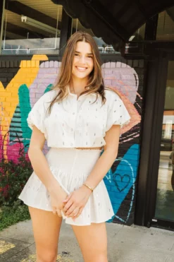 OO Boutique White Cotton Rhinestone Bubble Top