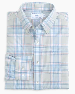 Southern Tide Eddison Plaid Intercoastal Performance Sport Shirt (Heather Light Grey) Tops
