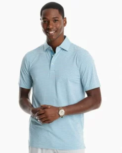 Southern Tide Breeze Shores Stripe Perforated Polo (Turquoise Mist) Tops
