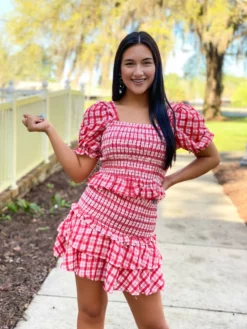 English Factory Plaid Smocked Top With Short Puff Sleeves (Red) Tops