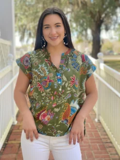OO Boutique Floral Gigi Henley (Washed Olive) Tops