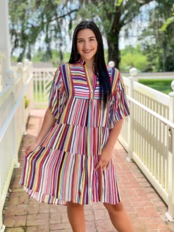 Uncle Frank Multi Stripe Tiered Dress (Multi) Dresses