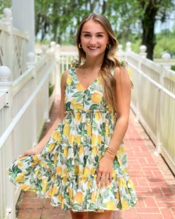 English Factory Dresses Lemon Print Tiered Mini Dress (Yellow)