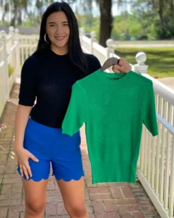 OO Boutique High Neck Fine Knit Top (Green) Tops