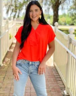 Ivy Jane Tops Banded V-Neckline Top (Neon Red)