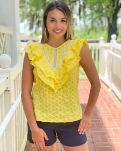 OO Boutique Lace Trim Ruffles Top (Citrus Emb)