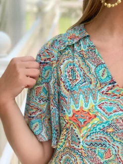 OO Boutique Tops V-Neck Smock Shou Top (Mosaic)