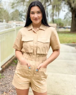 English Factory Dresses Utility Romper (Beige)