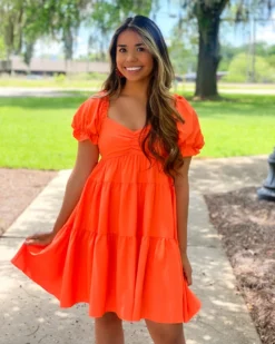 English Factory Dresses Classic Sweetheart Tiered Puff Sleeve Mini Dress (Orange)