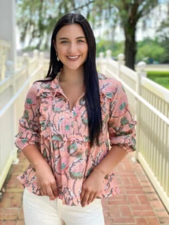 Ivy Jane Tops Metallic Floral Top (Coral)