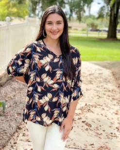 Adrienne Floral Print Oversized V-Neck Top (Black/Rust) Tops