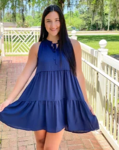 OO Boutique Tiered Halter Dress (Navy)