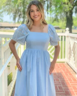 OO Boutique Embroidered Midi With Scalloped Hem (Light Blue) Dresses