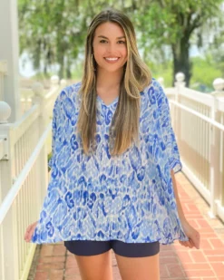Jade V-Neck Pullover (Blue Ikat)