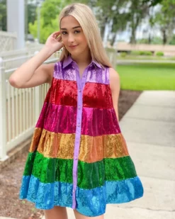 OO Boutique Rainbow Sequin Tiered Dress Dresses