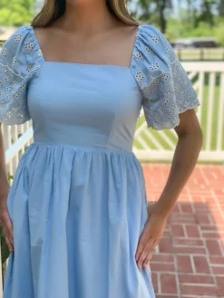 OO Boutique Embroidered Midi With Scalloped Hem (Light Blue) Dresses