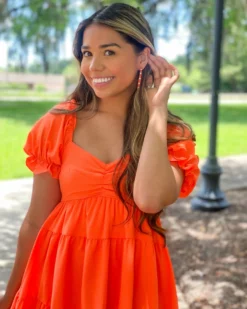 English Factory Dresses Classic Sweetheart Tiered Puff Sleeve Mini Dress (Orange)