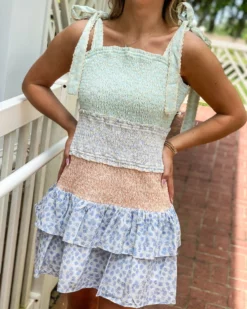 English Factory Floral Embroidery Colorblock Mini Dress (Pink)