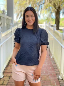 English Factory Checked Sheer Puff Sleeve Blouse (Black) Tops