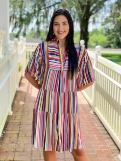 Uncle Frank Multi Stripe Tiered Dress (Multi) Dresses