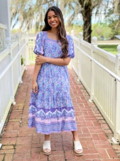 OO Boutique Dresses Floral Print Midi Dress (BL)