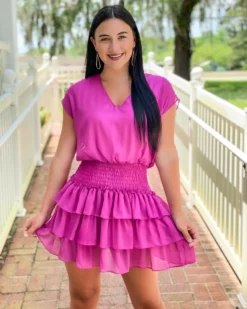 Adrienne Solid Foil Drop Shoulder Tiered Dress (Magenta) Dresses