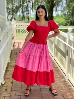 English Factory Dresses Color Block Puff Sleeve Maxi Dress (Red)