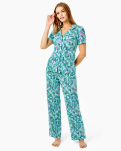 Lilly Pulitzer PJ Knit SS Button Up Top (Barking Up The Palm Tree)