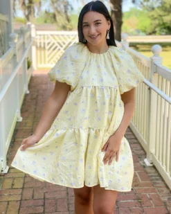 OO Boutique Floral Jacquard Tiered Midi High Low (Yellow) Dresses