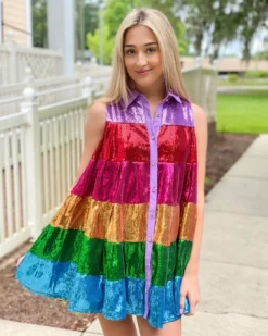 OO Boutique Rainbow Sequin Tiered Dress Dresses