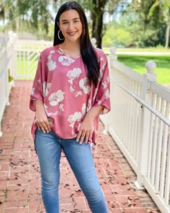 OO Boutique Satin Floral V-Neck Oversized Top (Mauve/Taupe)