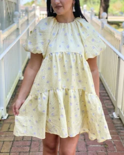 OO Boutique Floral Jacquard Tiered Midi High Low (Yellow) Dresses