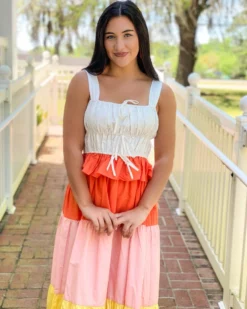 OO Boutique Dresses Color Block Tied Detail Shirring Dress (Multi)