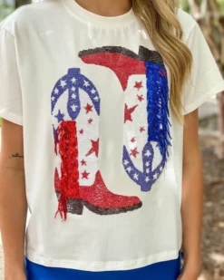 Only Options Red & Blue Fringe Boots Tee Tops