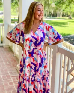 OO Boutique Satin Abstract Flutter Sleeve Maxi Dress (Royal/Pink) Dresses