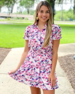 OO Boutique Dresses Cinch Mini Dress (Pink Floral)