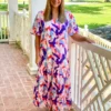 OO Boutique Satin Abstract Flutter Sleeve Maxi Dress (Royal/Pink) Dresses