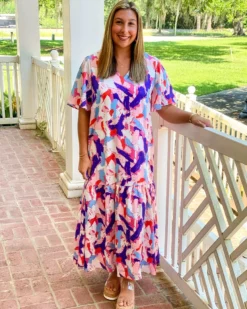 OO Boutique Satin Abstract Flutter Sleeve Maxi Dress (Royal/Pink) Dresses