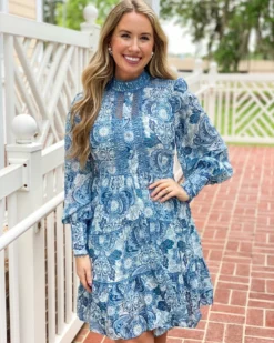 Beulah Style High Collar Mini Dress (Blue Multi) Dresses