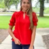 OO Boutique Ruffled Short Sleeve Blouse (Red) Tops